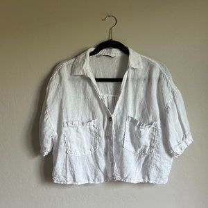 Zara white linen button up cropped shirt size Large